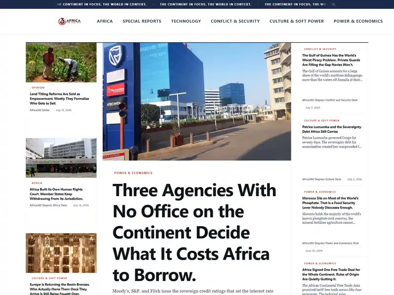 The Africa360 homepage, a front page of reporting led by a story on what it costs Africa to borrow